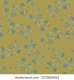 Seamless floral pattern with stylized branches with leaves and flowers. Vintage folk style.
