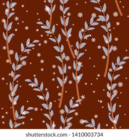 Seamless floral pattern with stylized branches with leaves and berries and snowflakes.