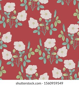 Seamless floral pattern with stylized branches of wild rose. Folk style.