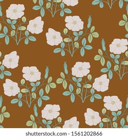 Seamless floral pattern with stylized branches of wild rose. Folk style.