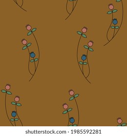 Seamless floral pattern with stylized branches with leaves and berries. Folk style.