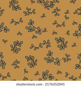 Seamless floral pattern with stylized branches with leaves. On orange yellow background.