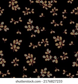 Seamless floral pattern with stylized branches with leaves. On black background.