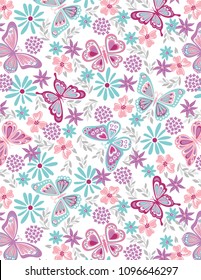 Seamless Floral Pattern with Stylized Butterflies on a White Ground