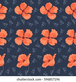Seamless floral pattern. Stylized California poppy in dark blue. Hand drawn
vector illustration