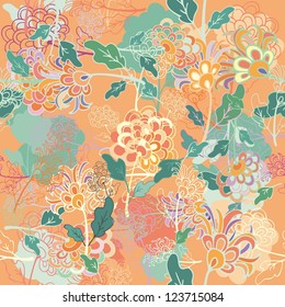 Seamless floral pattern with stylized chinese chrysanthemum flowers on orange background