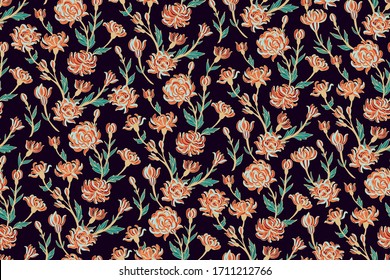 Seamless floral pattern with stylized chinese chrysanthemum flowers on dark background
