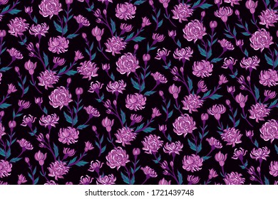 Seamless floral pattern with stylized chinese chrysanthemum flowers on dark background