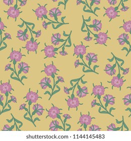 Seamless floral pattern with stylized corn cockle flowers. Vintage folk style.