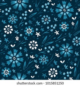 Seamless floral pattern. Stylized cornflowers and meadow grasses. Hand drawn vector illustration