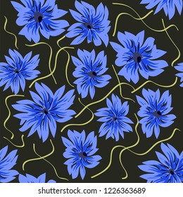 Seamless floral pattern. Stylized cornflowers and meadow grasses on dark blue. Hand drawn vector illustration eps 10