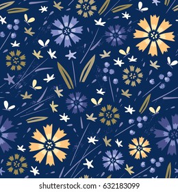 Seamless floral pattern. Stylized cornflowers and meadow grasses. Hand drawn vector illustration
