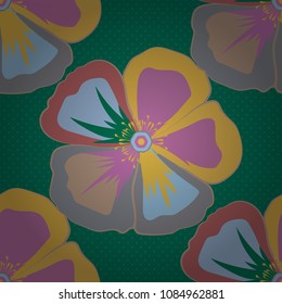 Seamless floral pattern with stylized cosmos flowers in green, pink and yellow colors. Vector illustration.