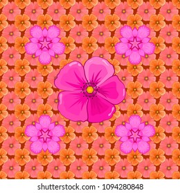 Seamless floral pattern with stylized cosmos flowers in magenta, pink and orange colors. Vector illustration.