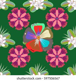 Seamless floral pattern with stylized cosmos flowers on a green background. Vector illustration.