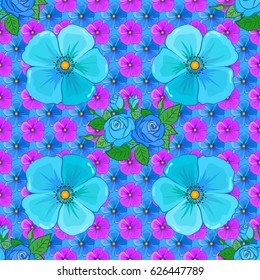Seamless floral pattern with stylized cosmos flowers on a blue background. Vector illustration.