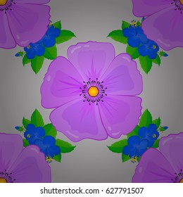 Seamless floral pattern with stylized cosmos flowers on a gray background. Vector illustration.