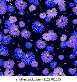 Seamless floral pattern from stylized daisies.
White color on a dark background. Exquisite design.