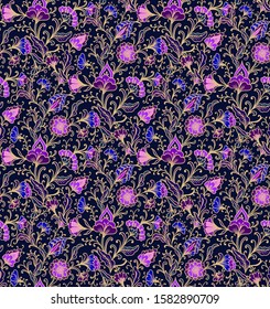 Seamless floral pattern with stylized daisy flowers, on dark background, indian style