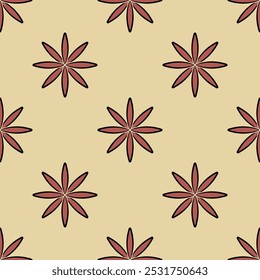 Seamless floral pattern with stylized daisy flowers. Abstract repeating print with eight point star shapes. Folk style.