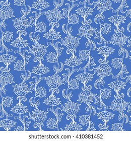 Seamless floral pattern with stylized daisy on periwinkle blue background