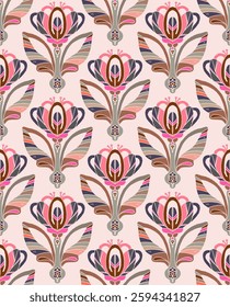 Seamless floral pattern with stylized decorative flowers and leaves in folk art style. Vintage ornamental print inspired by traditional motifs. Perfect for textiles, wallpapers, and stationery.