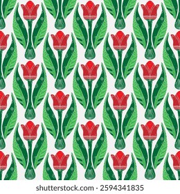 Seamless floral pattern with stylized decorative flowers and leaves in folk art style. Vintage ornamental print inspired by traditional motifs. Perfect for textiles, wallpapers, and stationery.