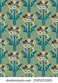 Seamless floral pattern with stylized decorative flowers and leaves in folk art style. Vintage ornamental print inspired by traditional motifs. Perfect for textiles, wallpapers, and stationery.