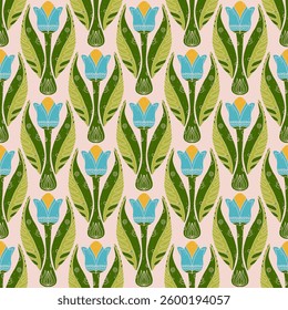 Seamless floral pattern with stylized decorative flowers and leaves in folk art style. Vintage ornamental print inspired by traditional motifs. Perfect for textiles, wallpapers, and stationery.