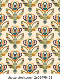 Seamless floral pattern with stylized decorative flowers and leaves in folk art style. Vintage ornamental print inspired by traditional motifs. Perfect for textiles, wallpapers, and stationery.