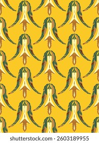 Seamless floral pattern with stylized decorative flowers and leaves in folk art style. Vintage ornamental print inspired by traditional motifs. Perfect for textiles, wallpapers, and stationery.