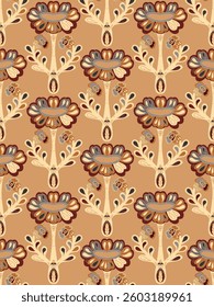 Seamless floral pattern with stylized decorative flowers and leaves in folk art style. Vintage ornamental print inspired by traditional motifs. Perfect for textiles, wallpapers, and stationery.