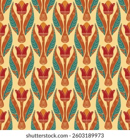 Seamless floral pattern with stylized decorative flowers and leaves in folk art style. Vintage ornamental print inspired by traditional motifs. Perfect for textiles, wallpapers, and stationery.