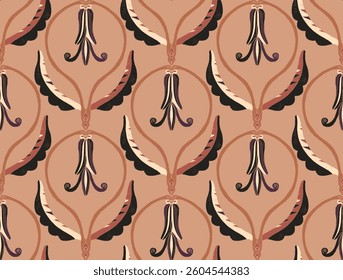 Seamless floral pattern with stylized decorative flowers and leaves in folk art style. Vintage ornamental print inspired by traditional motifs. Perfect for textiles, wallpapers, and stationery.