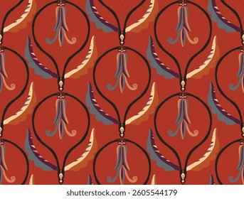 Seamless floral pattern with stylized decorative flowers and leaves in folk art style. Vintage ornamental print inspired by traditional motifs. Perfect for textiles, wallpapers, and stationery.