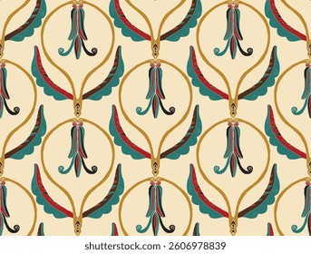 Seamless floral pattern with stylized decorative flowers and leaves in folk art style. Vintage ornamental print inspired by traditional motifs. Perfect for textiles, wallpapers, and stationery.
