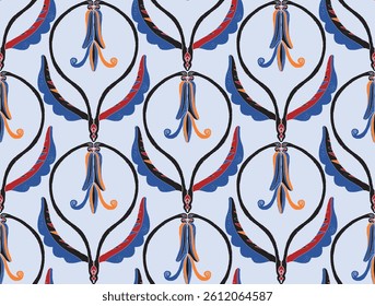 Seamless floral pattern with stylized decorative flowers and leaves in folk art style. Vintage ornamental print inspired by traditional motifs. Perfect for textiles, wallpapers, and stationery.