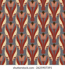 Seamless floral pattern with stylized decorative flowers and leaves in folk art style. Vintage ornamental print inspired by traditional motifs. Perfect for textiles, wallpapers, and stationery.
