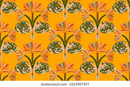 Seamless floral pattern with stylized decorative flowers and leaves in folk art style. Vintage ornamental print inspired by traditional motifs. Perfect for textiles, wallpapers, and stationery.