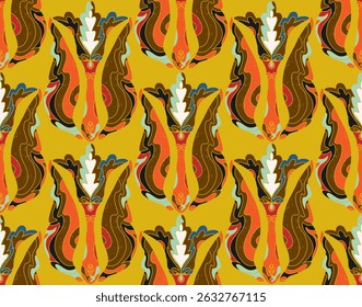 Seamless floral pattern with stylized decorative flowers and leaves in folk art style. Vintage ornamental print inspired by traditional motifs. Perfect for textiles, wallpapers, and stationery.