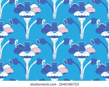Seamless floral pattern with stylized decorative flowers and leaves in folk art style. Vintage ornamental print inspired by traditional motifs. Perfect for textiles, wallpapers, and stationery.