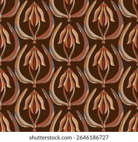 Seamless floral pattern with stylized decorative flowers and leaves in folk art style. Vintage ornamental print inspired by traditional motifs. Perfect for textiles, wallpapers, and stationery.