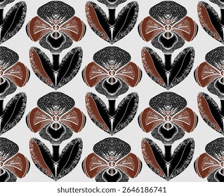 Seamless floral pattern with stylized decorative flowers and leaves in folk art style. Vintage ornamental print inspired by traditional motifs. Scandinavian style, ethnic motifs
