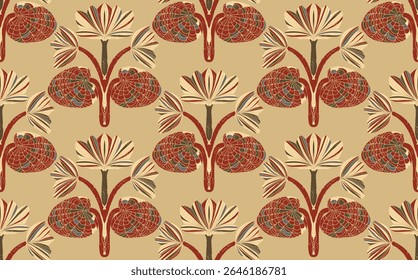 Seamless floral pattern with stylized decorative flowers and leaves in folk art style. Vintage ornamental print inspired by traditional motifs. Perfect for textiles, wallpapers, and stationery.