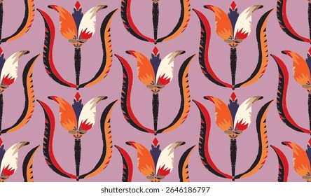 Seamless floral pattern with stylized decorative flowers and leaves in folk art style. Vintage ornamental print inspired by traditional motifs. Scandinavian style, ethnic motifs
