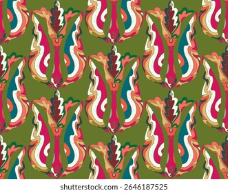 Seamless floral pattern with stylized decorative flowers and leaves in folk art style. Vintage ornamental print inspired by traditional motifs. Perfect for textiles, wallpapers, and stationery.