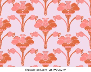 Seamless floral pattern with stylized decorative flowers and leaves in folk art style. Vintage ornamental print inspired by traditional motifs. Perfect for textiles, wallpapers, and stationery.