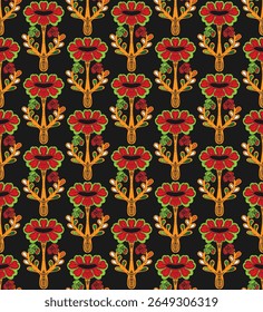 Seamless floral pattern with stylized decorative flowers and leaves in folk art style. Vintage ornamental print inspired by traditional motifs. Perfect for textiles, wallpapers, and stationery.