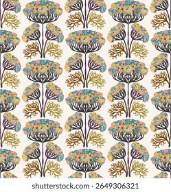 Seamless floral pattern with stylized decorative flowers and leaves in folk art style. Vintage ornamental print inspired by traditional motifs. Perfect for textiles, wallpapers, and stationery.