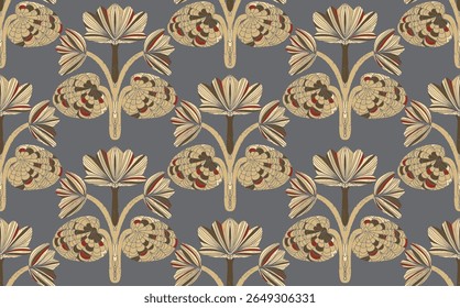 Seamless floral pattern with stylized decorative flowers and leaves in folk art style. Vintage ornamental print inspired by traditional motifs. Perfect for textiles, wallpapers, and stationery.